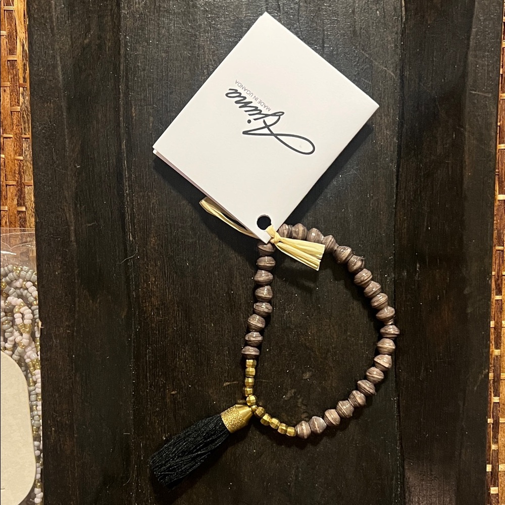 Amina Brown Beaded Tassel Bracelet - Gold Accent